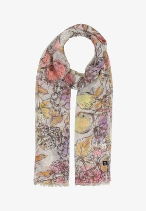 Leichter Stoffschal mit Aquarell-Obst- und Blattmustern in Pastellrosa, Lila, Gelb und Orange, mit ausgefransten Kanten.