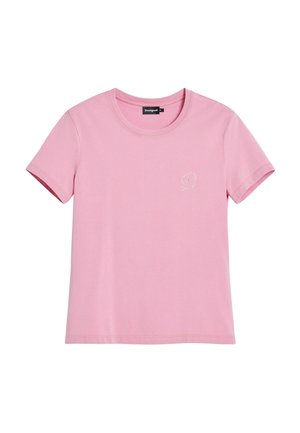 Roosa puuvillane T-särk lühikeste varrukatega ja ümarate kaelustega, millel on vasakul rinnal väike särav "D" disain.