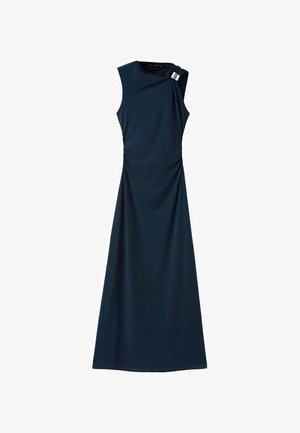 Sleeveless navy blue maxi dress with a high neckline and silver buckle detail on the left shoulder.