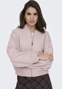 Veste bomber rose clair en matériau doux, avec une fermeture éclair à l'avant, des poignets côtelés et une coupe décontractée. Motifs non visibles.