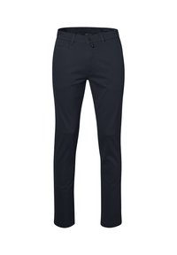 Marineblauwe broek van gladde stof, met een knoopsluiting, zijzakken en een getailleerde pasvorm met rechte benen.
