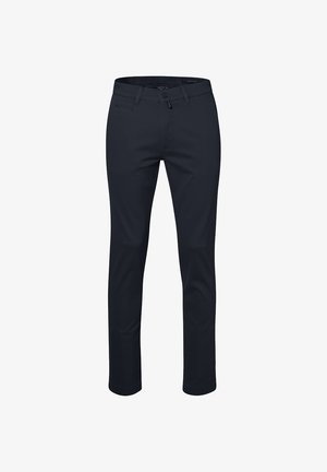 Marineblauwe broek van gladde stof, met een knoopsluiting, zijzakken en een getailleerde pasvorm met rechte benen.