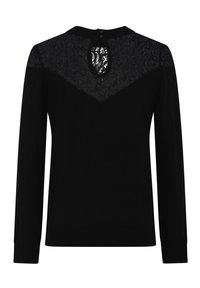 Czarny sweter z długim rękawem, z koronkową górą i wycięciem na plecach zapinanym na guzik. Miękka tkanina i ściągacze na mankietach.