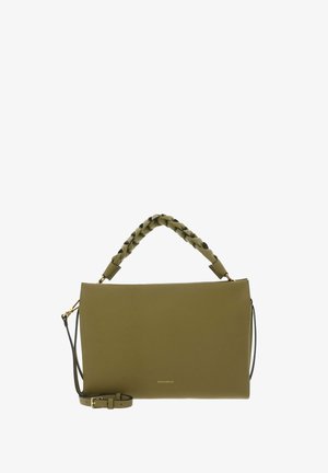 Olijfgroene lederen handtas met gevlochten bovenhandvat en afneembare schouderriem, hardware in goudkleur, rechthoekige vorm.