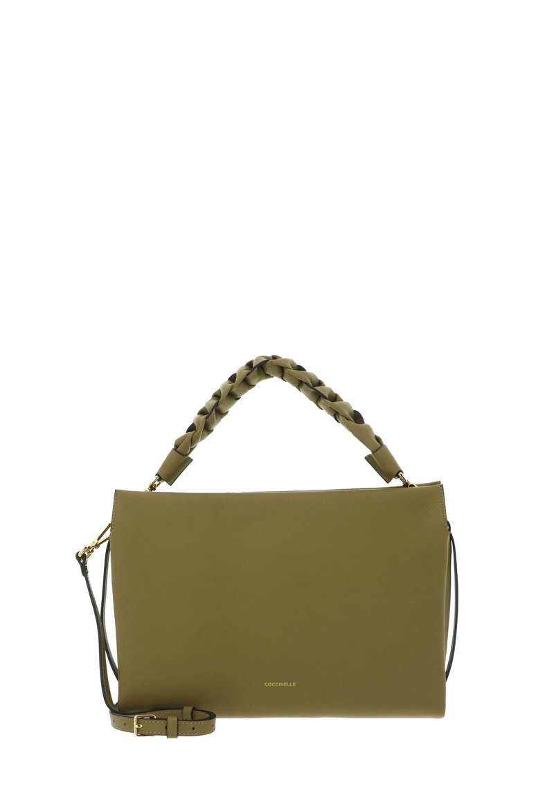 Olivegrüne Lederhandtasche mit geflochtenem oberen Griff und abnehmbarem Schulterriemen, goldfarbene Beschläge, rechteckige Form.