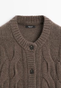 Bruine gebreide cardigan met een geribde kraag, voorzien van kabelpatronen en twee zwarte knopen aan de voorkant. Label zegt "Massimo Dutti."