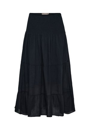 Sort lagdelt maxinederdel med elastisk smocket taljebånd og let, flydende stof.