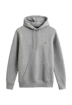 Hellgrauer Pullover-Hoodie mit Fronttasche und Kordeln, mit kleinem besticktem Schild-Logo auf der Brust.