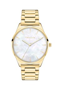 Goldfarbene Analog-Uhr mit rundem Ziffernblatt, Ziffernblatt aus Perlmutt, einfachen Stundenmarkierungen und einem verlinkten Metallarmband.