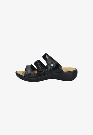 Black slide sandal featuring a textured strap design, open toe, and cushioned insole. Includes three adjustable straps and a low heel.