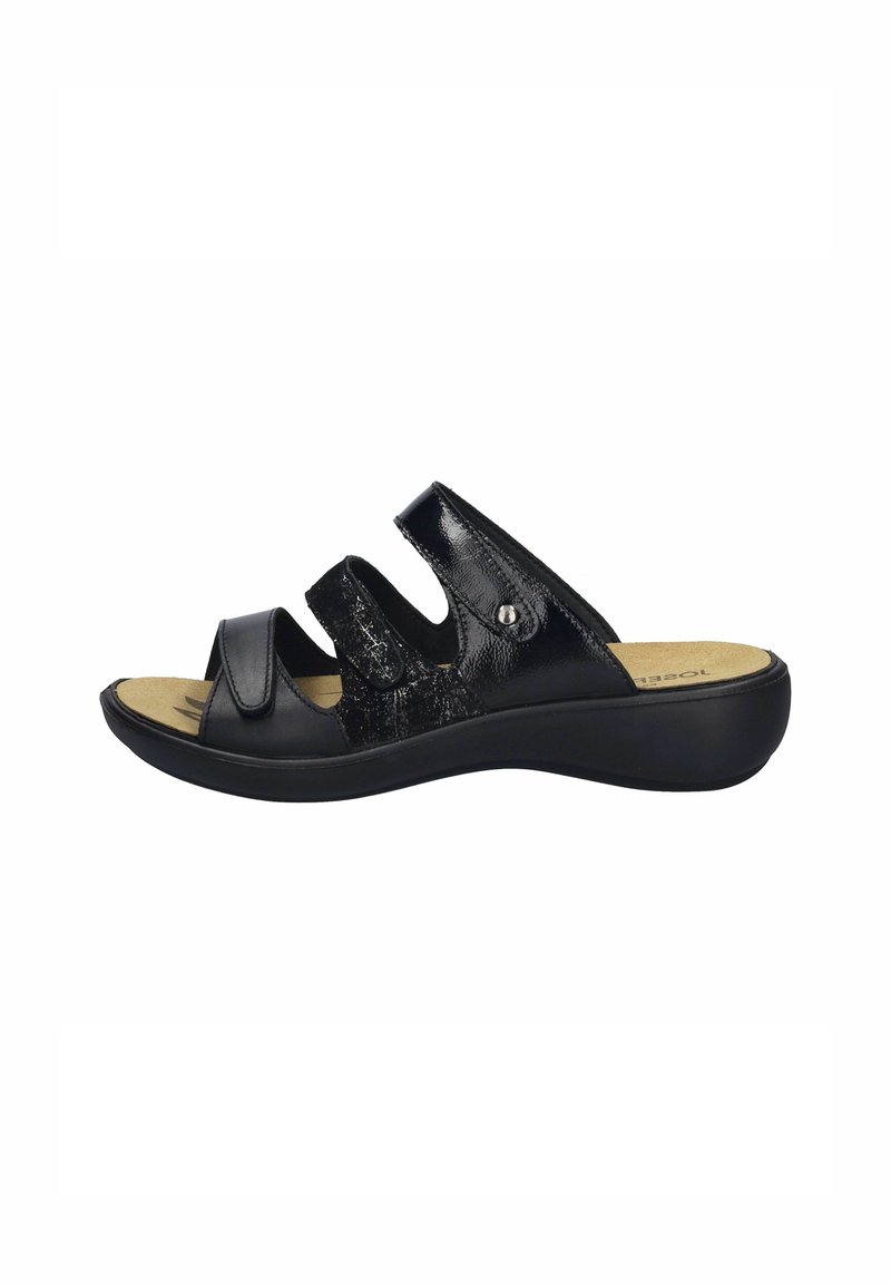 Sort slide sandal med struktureret stropdesign, åben tå og polstret indersål. Inkluderer tre justerbare stropper og en lav hæl.