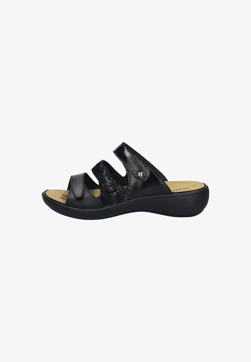 Sort slide sandal med struktureret stropdesign, åben tå og polstret indersål. Inkluderer tre justerbare stropper og en lav hæl.