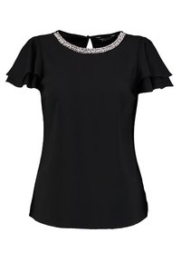 Black short-sleeve top featuring a round neckline with embellished trim. The design includes ruffled accents on the sleeves.