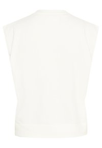 Pull sans manches blanc avec un col rond, un ourlet côtelé et une texture douce. Design simple sans motifs ni accents.