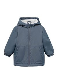 Temno modra, lahka jakna s kapuco, sprednjim zadrgo in dvema stranskima žepoma. Ima elastične manšete in gladko notranjo podlogo.