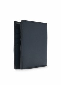 Portafoglio nero in pelle con superficie testurizzata, dotato di molteplici scomparti per carte e design a doppia piega. Bordi puliti e stile minimalista.