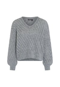 Grauer gestrickter Pullover mit V-Ausschnitt, der ein diagonales Rippmuster, Ballonärmel und einen cropped Saum aufweist. Die strukturierte Stoffqualität sorgt für Tiefe.