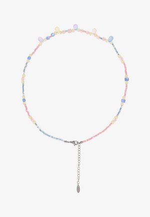 Zarte Perlenkette mit pastellfarbenen rosa, blauen und gelben Perlen sowie tropfenförmigen Akzenten, ausgestattet mit einem silbernen Karabinerverschluss und verstellbarer Kette.