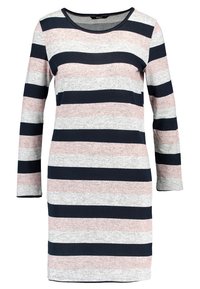 Abito a maniche lunghe con scollatura rotonda; presenta righe orizzontali in blu navy, rosa chiaro e grigio; realizzato in morbido tessuto a maglia.