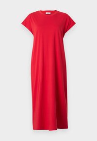 Rotes Baumwollkleid mit kurzen Ärmeln, rundem Ausschnitt und lockerem Schnitt. Knielange, glatte Textur, keine sichtbaren Muster oder Verzierungen.