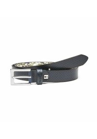 Black perforated leather belt with a silver metal buckle, featuring a floral pattern on the interior and smooth edges.