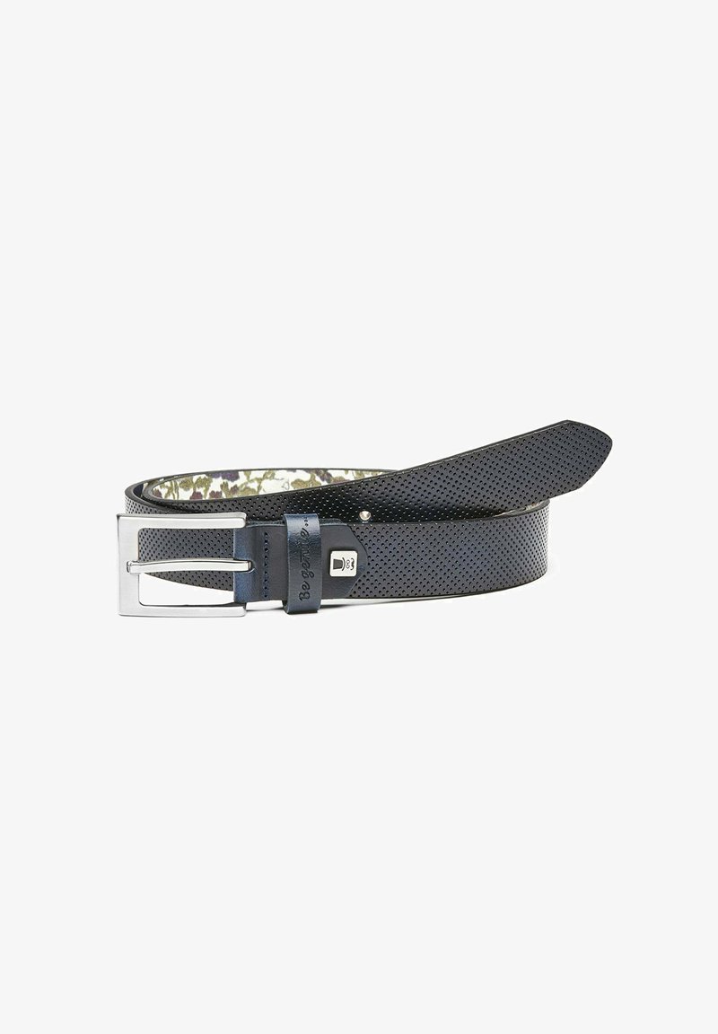 Black perforated leather belt with a silver metal buckle, featuring a floral pattern on the interior and smooth edges.
