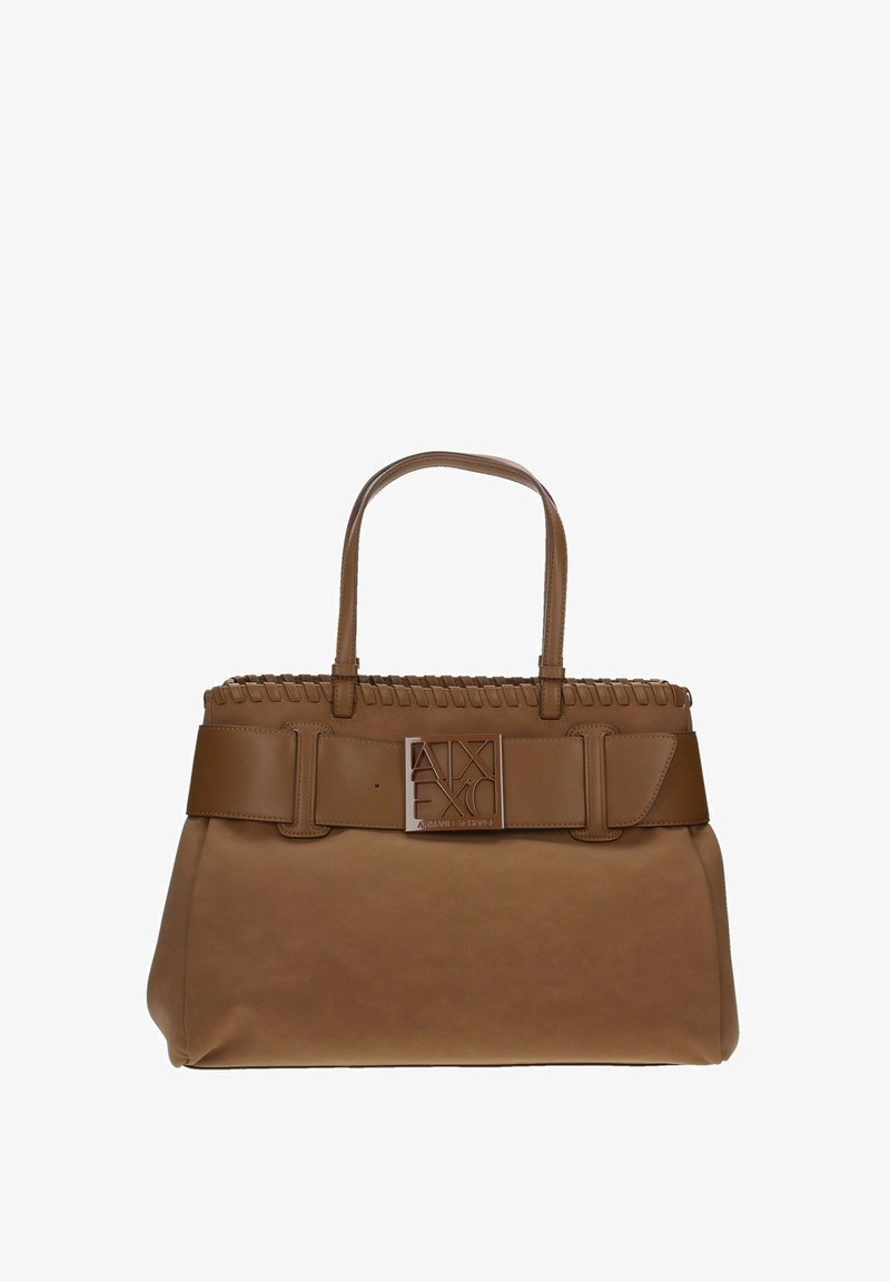 Borsa a mano in pelle marrone con doppio manico, dettaglio decorativo intrecciato nella parte superiore e una fascia larga con una fibbia a logo quadrato sul davanti.