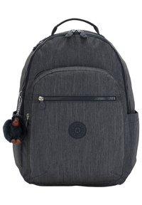 Dark gray backpack with a textured fabric, zippered compartments, and a monkey keychain. Features a circular logo on the front.