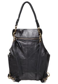 Sac à dos en cuir noir avec anse tressée sur le dessus, quincaillerie en laiton et zip sur le devant. Il dispose de bretelles réglables et de poches latérales.