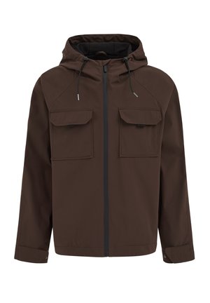 Brūna kapuce ar rāvējslēdzēju priekšpusē, divām atloku krūšu kabatām, regulējamām piedurkņu aprocēm un auklām kapucē.