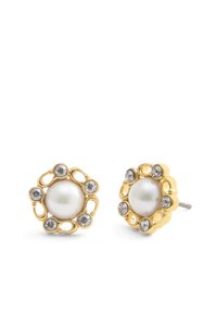 Guldtonade studöglor med en central pärla omgiven av klara rhinstenar i en blomliknande design med öppna öglor.