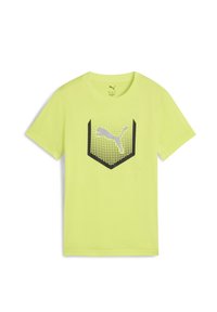 Tricou scurt cu mâneci, de culoare verde lime, cu un logo negru și gri într-un model triunghiular pe față, fabricat dintr-un material ușor.