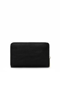 Black leather wallet with a sleek rectangular design, featuring a zip closure, smooth texture, and subtle gold hardware accents.