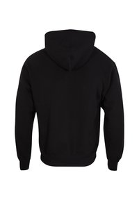 Felpa nera con cappuccio caratterizzata da una vestibilità comoda, polsini e orlo a coste, e una texture morbida, con un design posteriore senza cuciture.