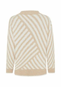 Beige-weiß gestreifter Pullover mit diagonalen Streifen, rundem Halsauschnitt und gerippten Bündchen. Weiche Textur mit lockerem Schnitt.