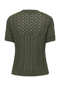 Knit short-sleeve sweater in dark olive green. Features a textured diamond pattern, round neckline, and ribbed hem and cuffs.