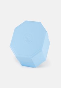 Light blue octagonal box with a textured surface and embossed logo, featuring a simple, minimalistic design.