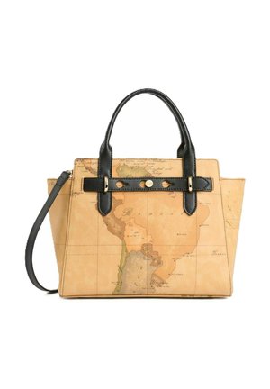 Borsa con manici e tracolla neri, con stampa di una mappa vintage del Sud America su sfondo color cuoio.