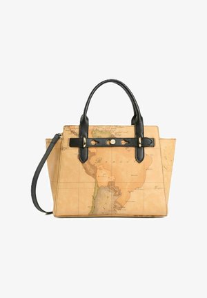 Borsa con manici e tracolla neri, con stampa di una mappa vintage del Sud America su sfondo color cuoio.