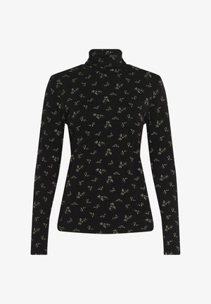 Mustast venivast kangast pikkade varrukatega kaelusega särk, millel on valge ja rohelise toonides killustunud lillemuster.