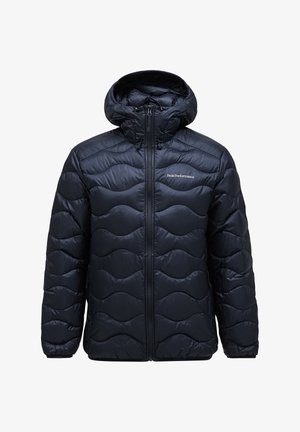 Giacca imbottita di un blu navy scuro con cappuccio; presenta un motivo a onde trapuntato, chiusura a zip completa e logo discreto sul petto; materiale in nylon.