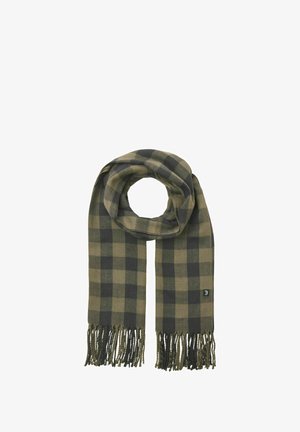 Sciarpa verde e nera a scacchi con estremità frangiate, piegata ad anello, su sfondo semplice.