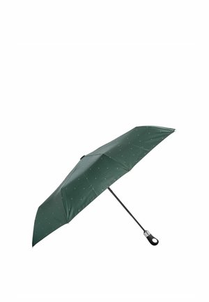 Kompaktowy ciemnozielony parasol z subtelnym wzorem białych kropek, czarnym trzonkiem i zaokrągloną czarną rączką z srebrnym akcentem.