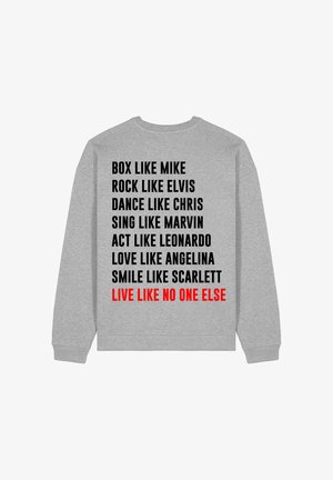 Pelēks džemperis ar garām piedurknēm, ar drosmīgu melnu un sarkanu tekstu uz aizmugures, kas attēlo iedvesmojošas frāzes dažādos blokpārskatos.