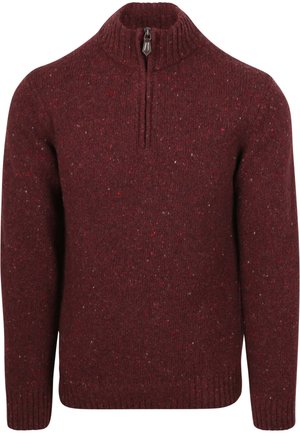Burgunderfarbener Pullover mit Viertelreißverschluss, strukturiertem Strick, gesprenkeltem Muster in verschiedenen Farben sowie gerippten Bündchen und Saum.