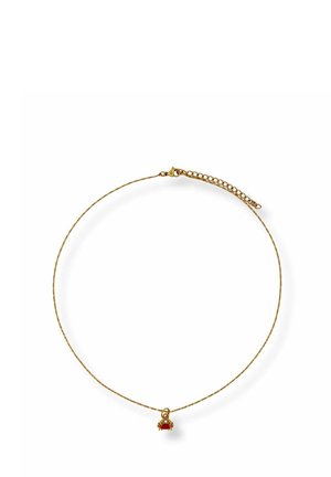 Zarte goldene Kettenhalskette mit kleinem, rot krabbenförmigem Anhänger und verstellbarem Verschluss.