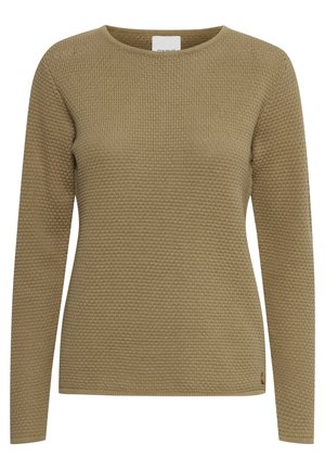 Khakifarbenes, strukturiertes Langarmpullover mit Rundhalsausschnitt. Verfügt über ein dezentes Strickmuster und ein kleines Logo-Etikett am Saum.