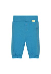 Pantalones de bebé de algodón azul con cintura elástica, dos botones frontales, puños acanalados y paneles de malla laterales. Diseño minimalista y textura suave.