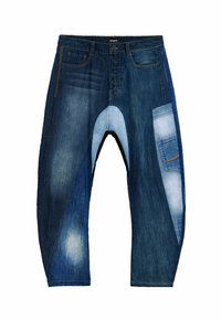 Denim-Hosen mit einem Patchwork-Design in verschiedenen Blautönen, mit einer lockeren Passform, fünf Taschen und einem vorderen Knopfverschluss.