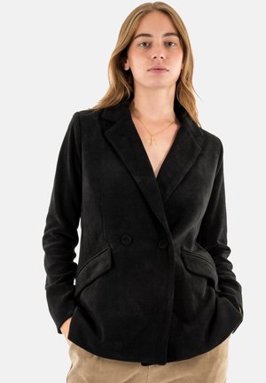 Blazer de pana negra con doble botonadura, solapas muestradas y bolsillos laterales. Tejido texturizado, diseño ajustado, abertura frontal visible.